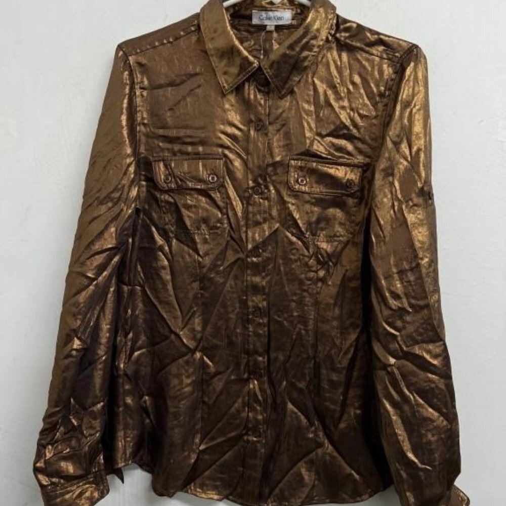 Calvin Klein Metallic Brown Button Down Shirt Size Small